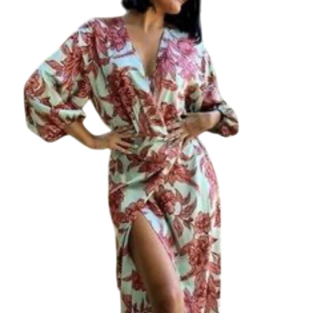 ZARA M Pink Floral Wrap Midi Dress Voluminous Sleeve Barbiecore wedding guest